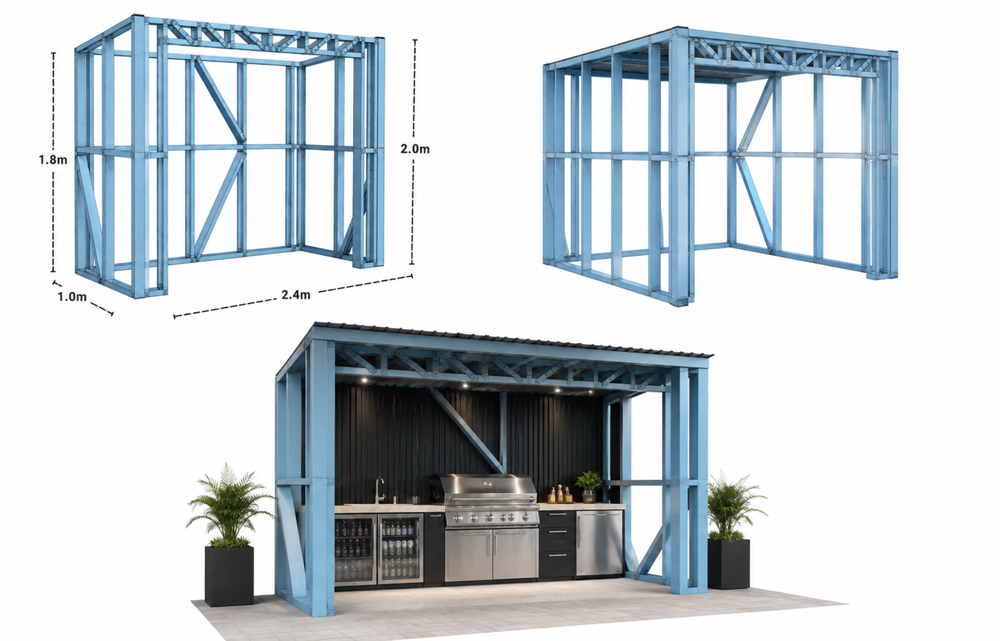 Storage BBQ Kitchen  Shed Steel Frame Kit set – 1.0m x 2.4m