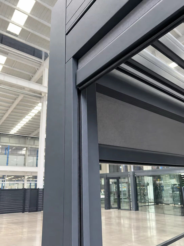 Close-up of the optional electric pergola privacy screen and grey aluminium frame