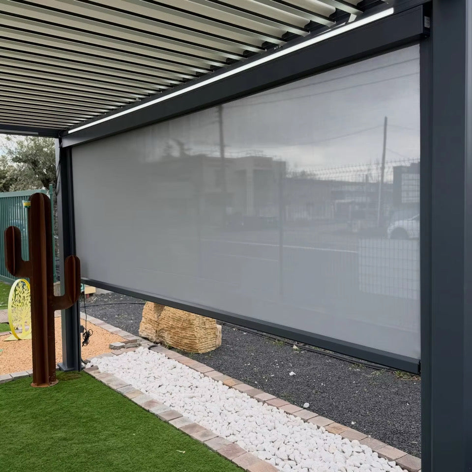 Optional grey electric privacy screen beneath the aluminium pergola louvre roof